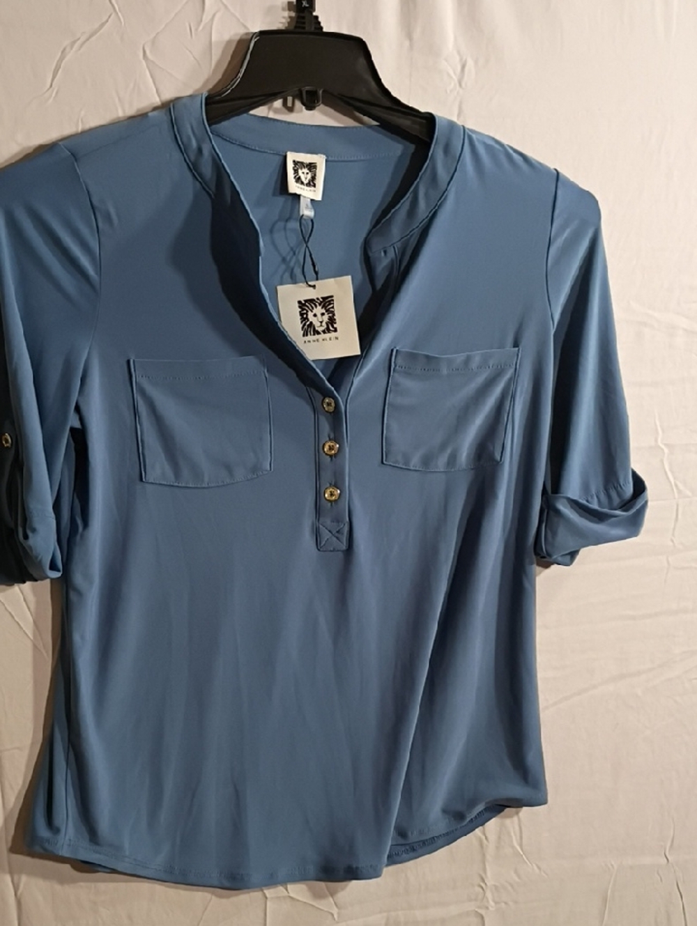 Womens Anne Klein Dusty Blue Henley Pocket Blouse Size Small